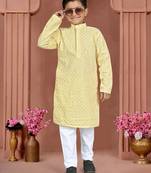 Yellow cotton chikankari work work kid's kurta pyjama