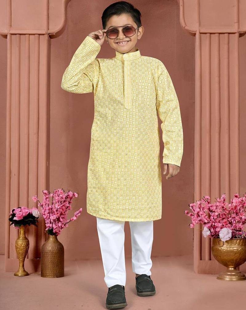 Yellow cotton chikankari work work kid's kurta pyjama