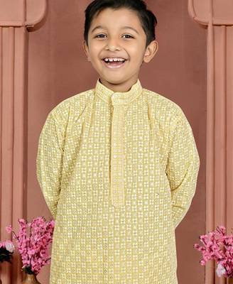 Yellow cotton chikankari work work kid's kurta pyjama 2