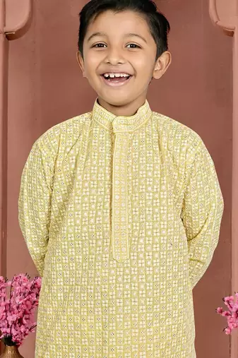Yellow cotton chikankari work work kid's kurta pyjama