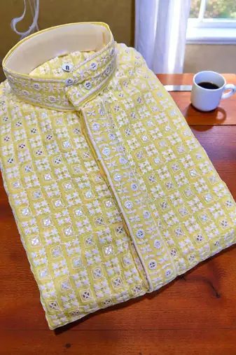 Yellow cotton chikankari work work kid's kurta pyjama