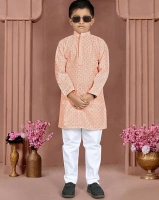 Peach cotton chikankari work work kid's kurta pyjama 1
