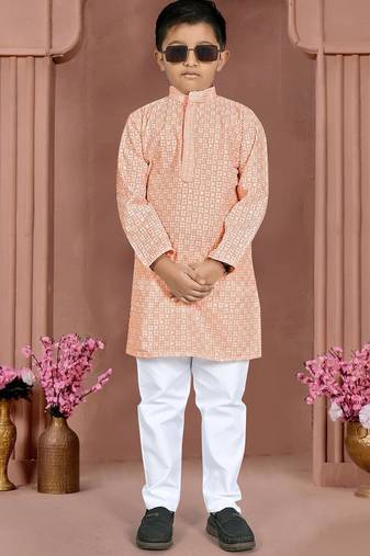 Peach cotton chikankari work work kid's kurta pyjama