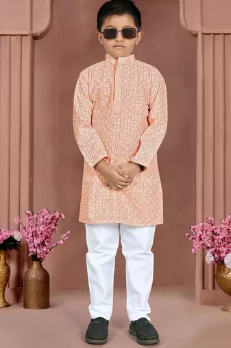 Peach cotton chikankari work work kid's kurta pyjama