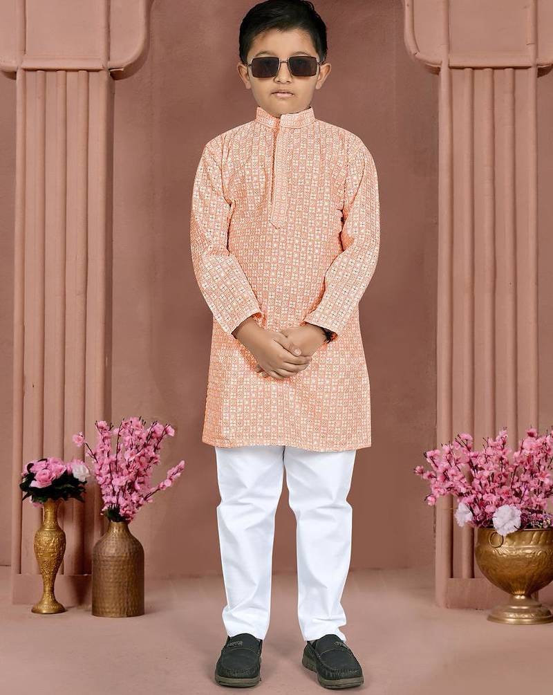 Peach cotton chikankari work work kid's kurta pyjama