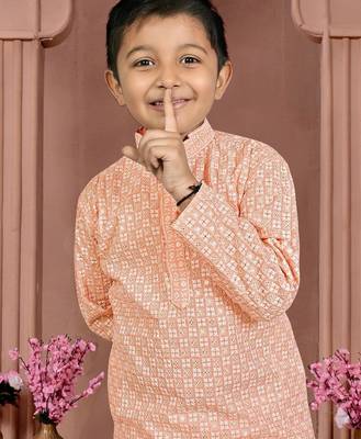 Peach cotton chikankari work work kid's kurta pyjama 3