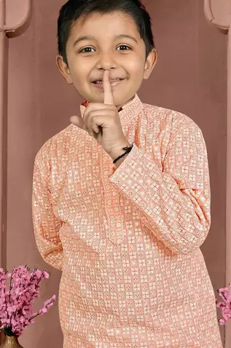 Peach cotton chikankari work work kid's kurta pyjama