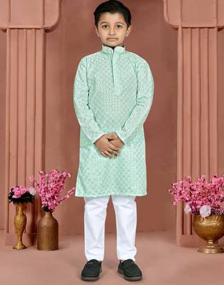 Light blue cotton chikankari work work kid's kurta pyjama 1