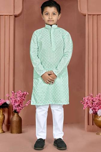 Light blue cotton chikankari work work kid's kurta pyjama