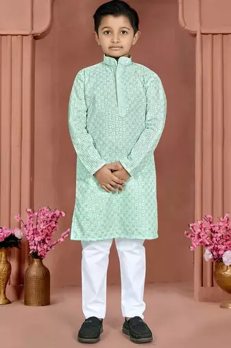 Light blue cotton chikankari work work kid's kurta pyjama