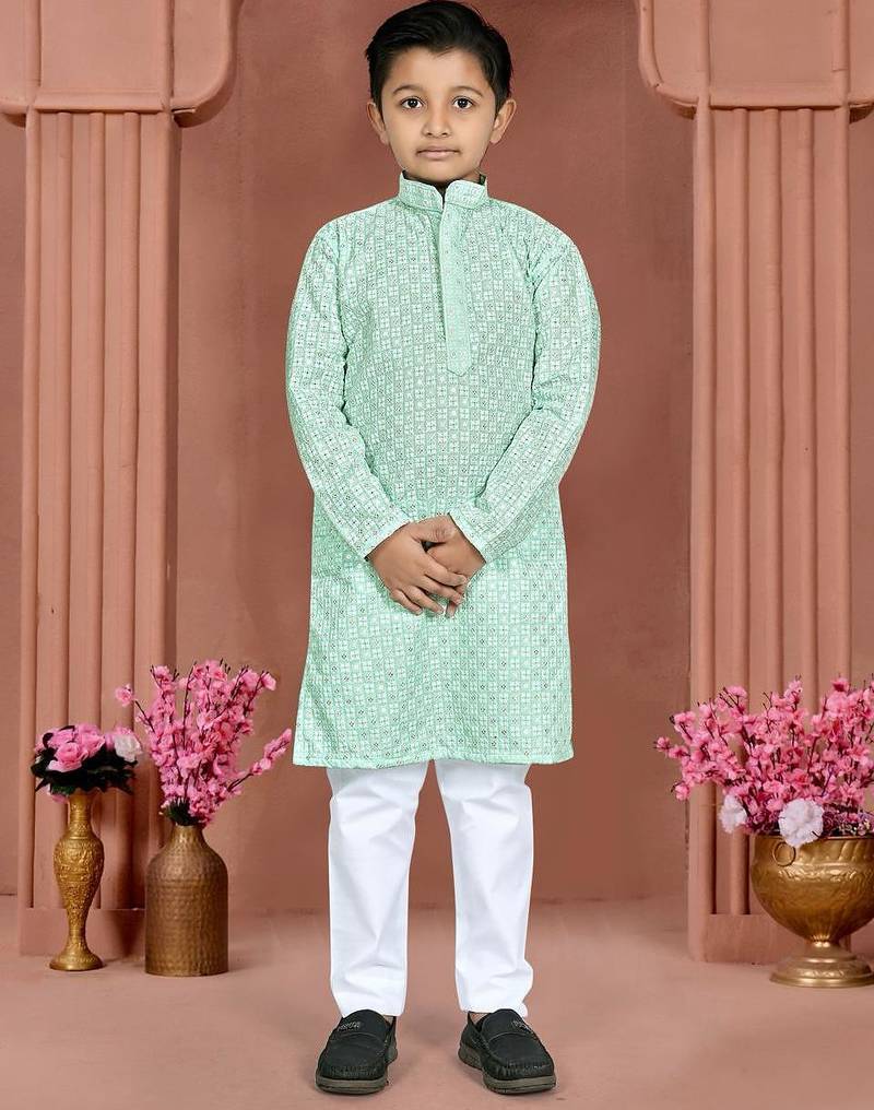 Light blue cotton chikankari work work kid's kurta pyjama