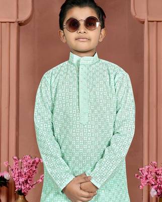 Light blue cotton chikankari work work kid's kurta pyjama 3