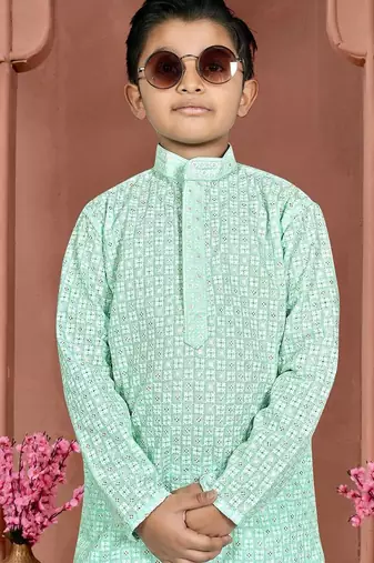 Light blue cotton chikankari work work kid's kurta pyjama