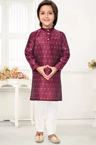 Wine jacquard woven work kid's kurta pyjama