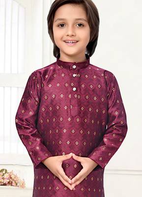 Wine jacquard woven work kid's kurta pyjama 3