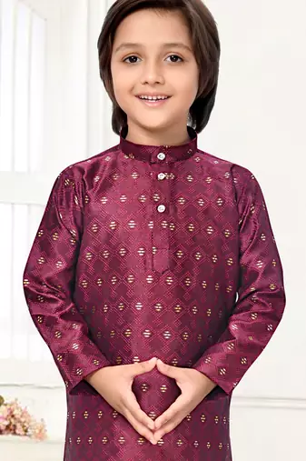 Wine jacquard woven work kid's kurta pyjama