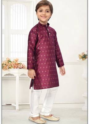 Wine jacquard woven work kid's kurta pyjama 4