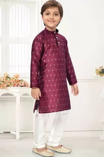 Wine jacquard woven work kid's kurta pyjama