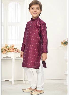 Wine jacquard woven work kid's kurta pyjama 5