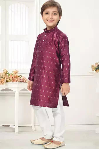 Wine jacquard woven work kid's kurta pyjama