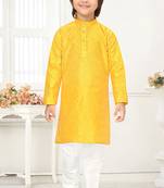 Yellow jacquard woven work kid's kurta pyjama