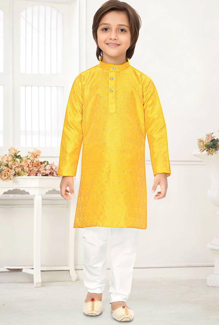 Yellow jacquard woven work kid's kurta pyjama