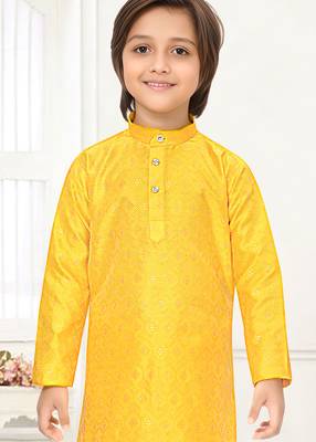 Yellow jacquard woven work kid's kurta pyjama 2