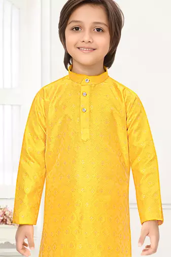 Yellow jacquard woven work kid's kurta pyjama