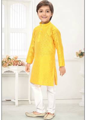 Yellow jacquard woven work kid's kurta pyjama 3