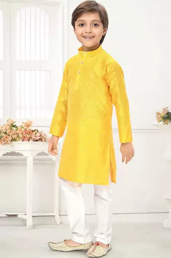 Yellow jacquard woven work kid's kurta pyjama
