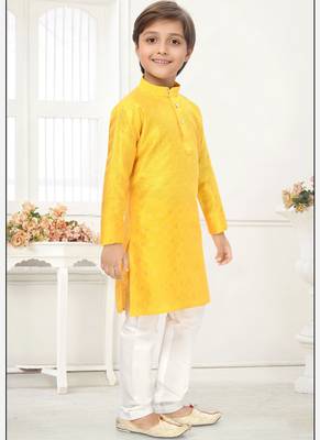 Yellow jacquard woven work kid's kurta pyjama 4