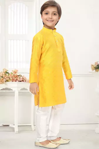 Yellow jacquard woven work kid's kurta pyjama