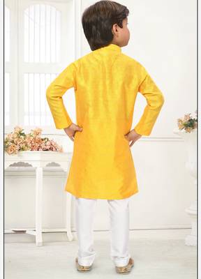 Yellow jacquard woven work kid's kurta pyjama 5