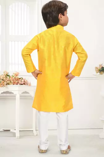Yellow jacquard woven work kid's kurta pyjama