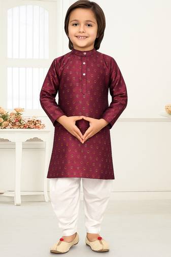 Wine jacquard woven work kid's kurta pyjama