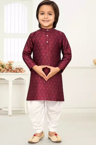 Wine jacquard woven work kid's kurta pyjama