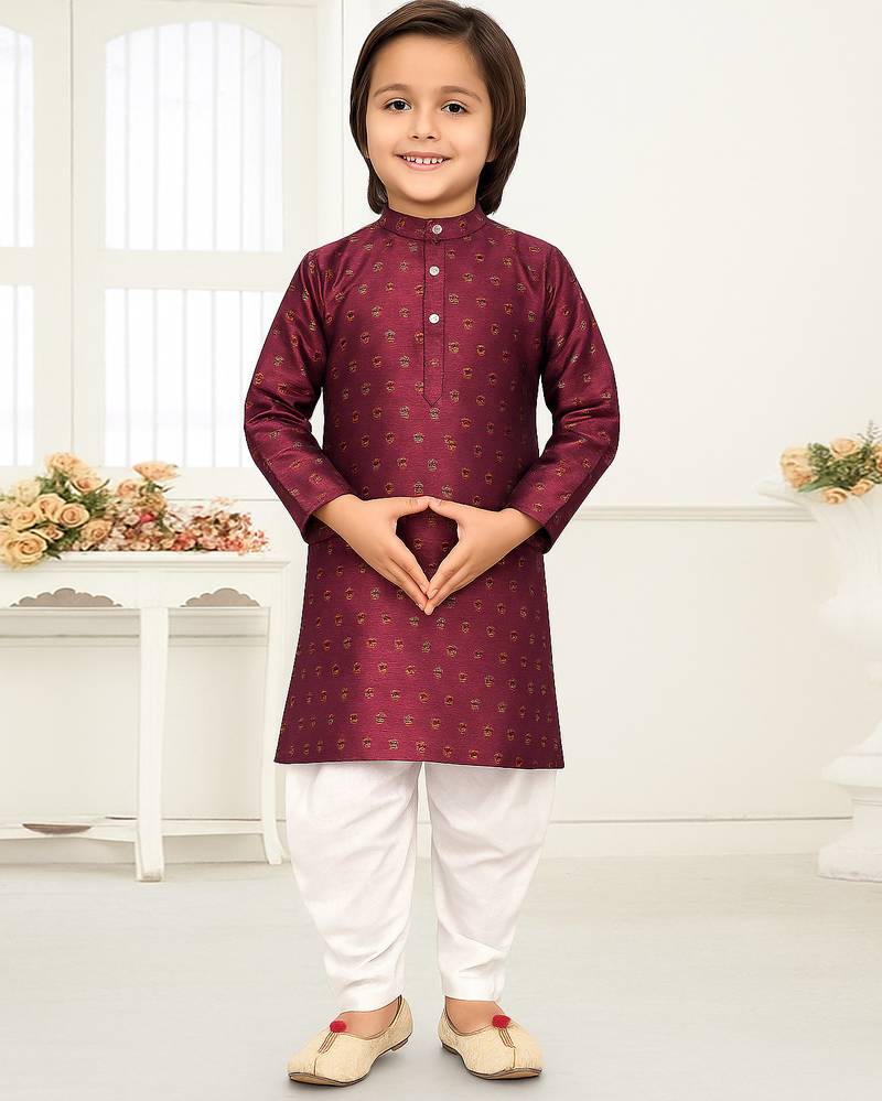 Wine jacquard woven work kid's kurta pyjama