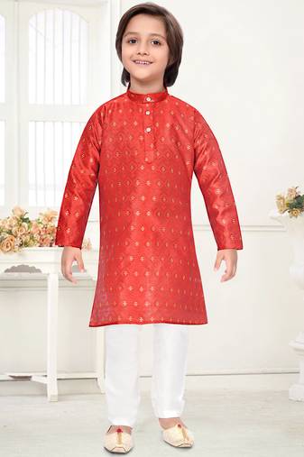 Orange jacquard woven work kid's kurta pyjama