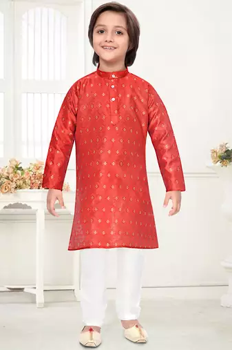 Orange jacquard woven work kid's kurta pyjama