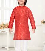 Orange jacquard woven work kid's kurta pyjama