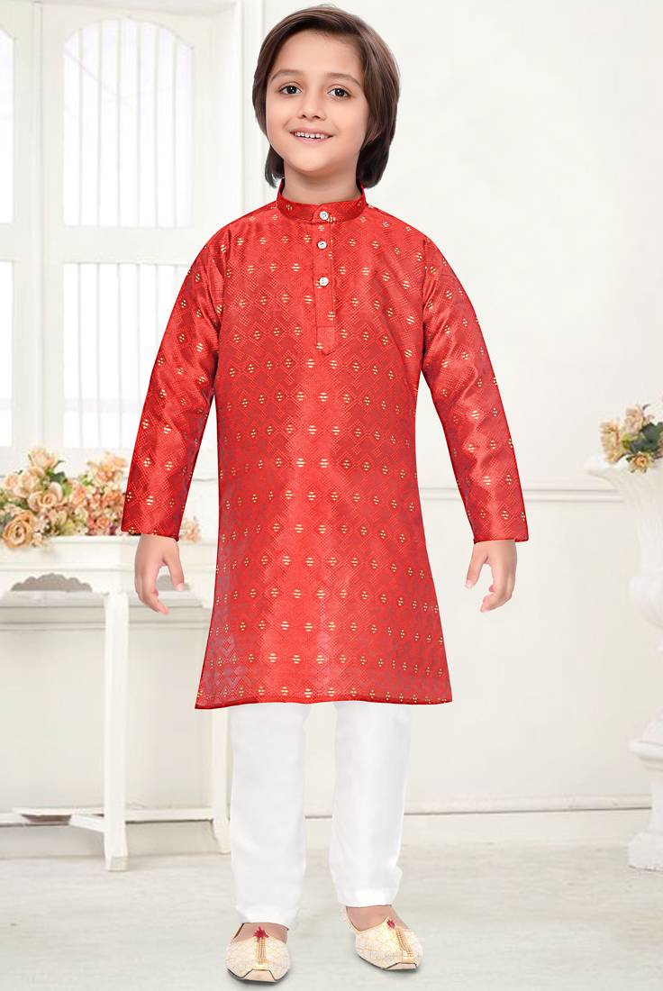 Orange jacquard woven work kid's kurta pyjama
