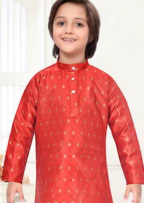 Orange jacquard woven work kid's kurta pyjama 2