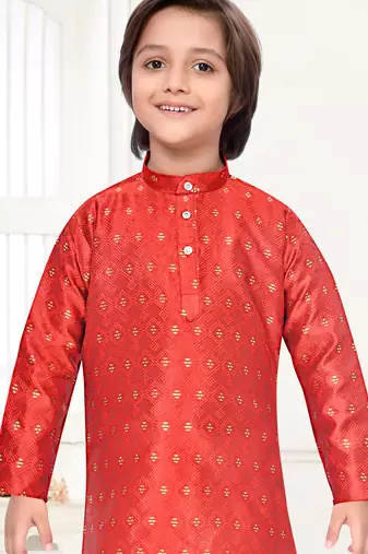 Orange jacquard woven work kid's kurta pyjama