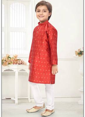 Orange jacquard woven work kid's kurta pyjama 3