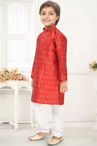 Orange jacquard woven work kid's kurta pyjama