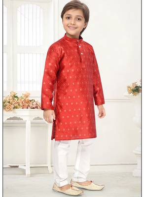Orange jacquard woven work kid's kurta pyjama 4