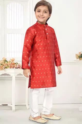 Orange jacquard woven work kid's kurta pyjama