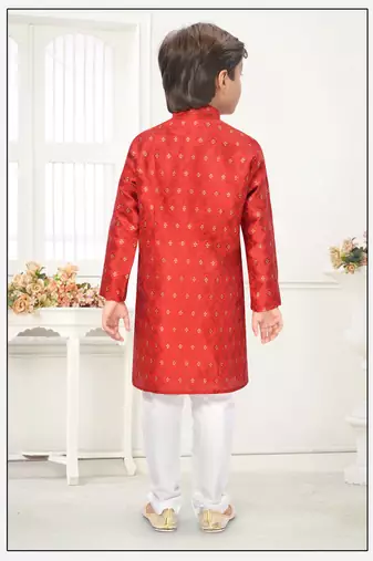 Orange jacquard woven work kid's kurta pyjama