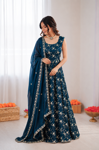 Blue silk blend thread with sequin anarkali suit