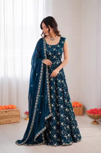 Blue silk blend thread with sequin anarkali suit